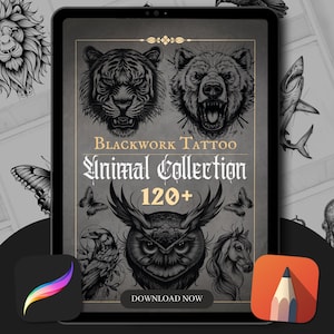 Puede incluir: La pantalla de una tableta digital muestra una colección de diseños de tatuajes en negro con animales. La pantalla muestra un tigre, un oso, un búho, un cuervo y un tiburón. El texto en la pantalla dice "Blackwork Tattoo Animal Collection 120+" y "Descargar ahora".