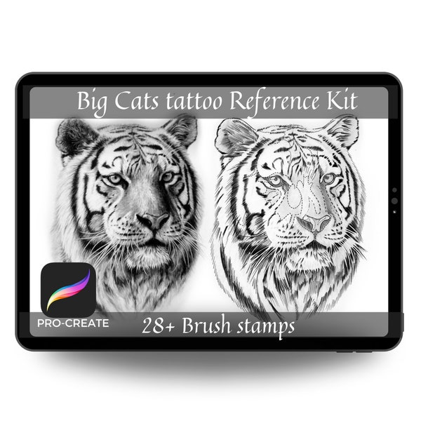 Tigres et lions Procreate Brush Set | gros chatsPinceaux de timbres de tatouage | Pochoir de tatouage d'art numérique | Procréer des pinceaux pour référence de tatouage