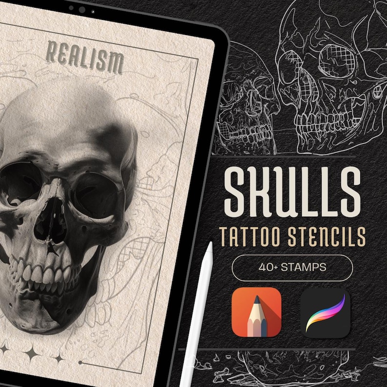 Skull Tattoo Stamp Brushes: Procreate Stencils & Reference (PDF E-Book) image 1