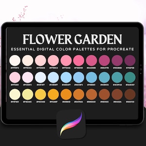 Könnte beinhalten: Ein digitales Tablet zeigt eine Farbpalette mit dem Titel "FLOWER GARDEN" mit verschiedenen Rosa-, Blau-, Gelb- und Brauntönen. Der Text "ESSENTIAL DIGITAL COLOR PALETTES FOR PROCREATE" ist ebenfalls sichtbar. Ein Procreate App-Symbol befindet sich in der unteren Ecke.