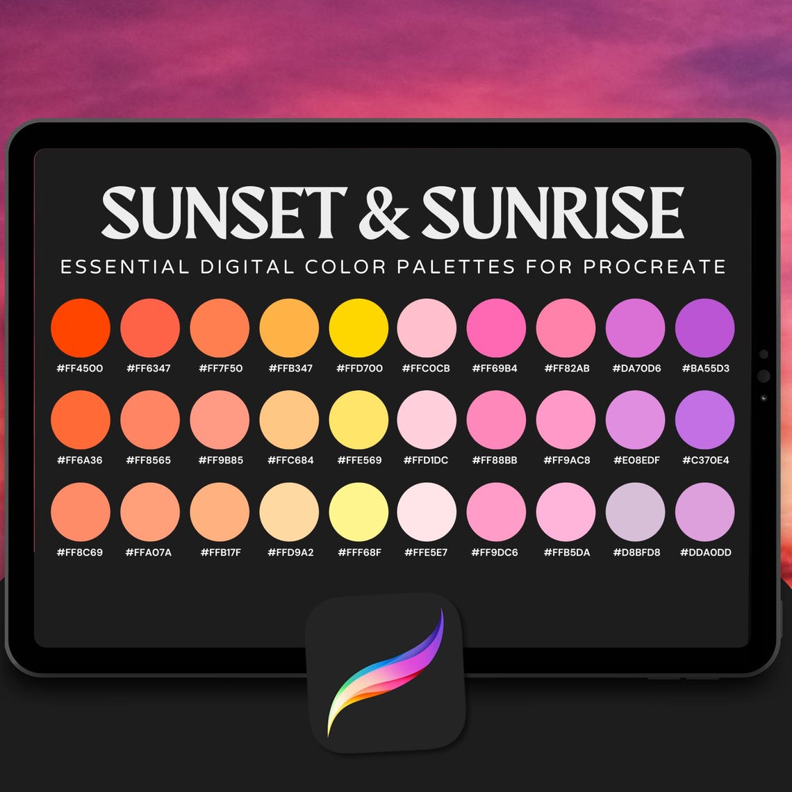 Sunset Colors In Order Sunsets & Sunrises Procreate Color Palette: 30 Golden Hour Shades ...
