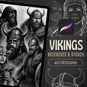 Peut inclure: Un écran de tablette numérique affichant une collection d'illustrations de Vikings en noir et blanc, incluant des guerriers avec des casques à cornes et des armures en fourrure. Le texte indique VIKINGS REFERENCE & STENCIL 40 DESIGNS.