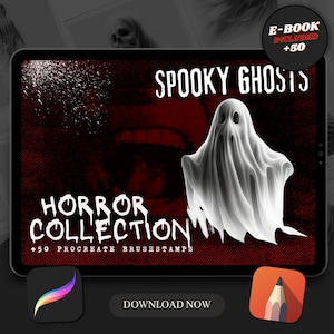 May include: A digital illustration of a spooky ghost with a red background. The text "Spooky Ghosts" is at the top of the image. The text "Horror Collection" is at the bottom of the image. The text "+50 Procreate Brushes/Stamps" is below the text "Horror Collection".
