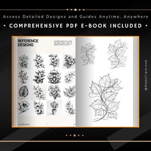 May include: An open book with a black and white illustration of a vine with leaves. The book has the text "Reference Designs" on the cover. The book is part of a comprehensive PDF e-book included with the purchase.
