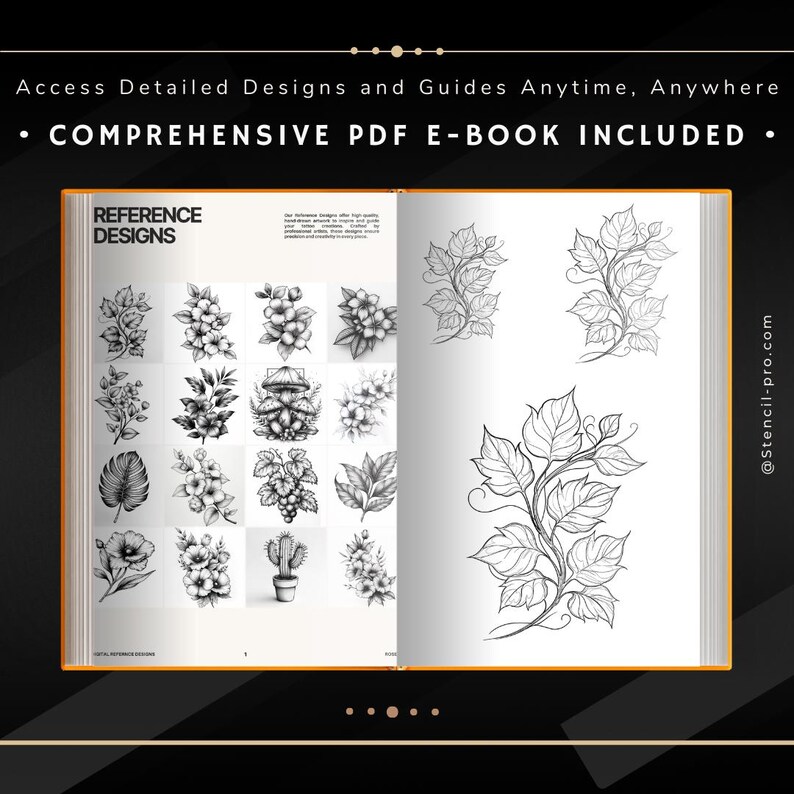 May include: An open book with a black and white illustration of a vine with leaves. The book has the text "Reference Designs" on the cover. The book is part of a comprehensive PDF e-book included with the purchase.