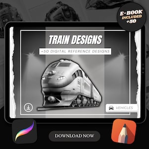 Train Tattoo Designs: 50 Procreate Brush Stamps (Digital Download)