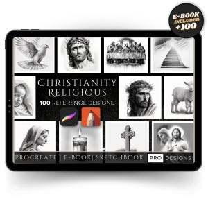 May include: A digital tablet showing black and white religious illustrations, including Jesus, a dove, and a lamb. The text on the tablet reads "CHRISTIANITY RELIGIOUS 100 REFERENCE DESIGNS". An "E-BOOK INCLUDED +100" sticker is in the corner of the tablet.