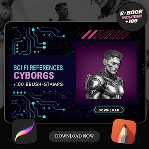 100 Cyborg Procreate Brush Stamps: Sci-Fi Tattoo Designs (Digital Download)
