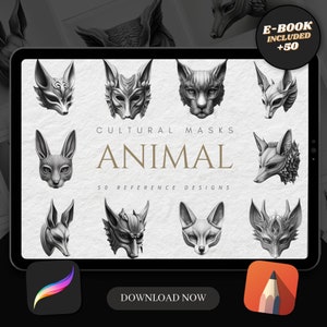 50 Animal Mask Procreate Brush Stamps | Tattoo Designs | Digital Art | Procreate Brushes | Tattoo Flash Sheets | Wildlife Art
