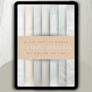 Puede incluir: Una pantalla de tableta digital que muestra 25 texturas de tela en varios tonos de blanco y beige. El texto "A4 Paper Perfect for Procreate 25 Fabric Textures High Resolution 2480 x 3508" se muestra en un rectángulo marrón.