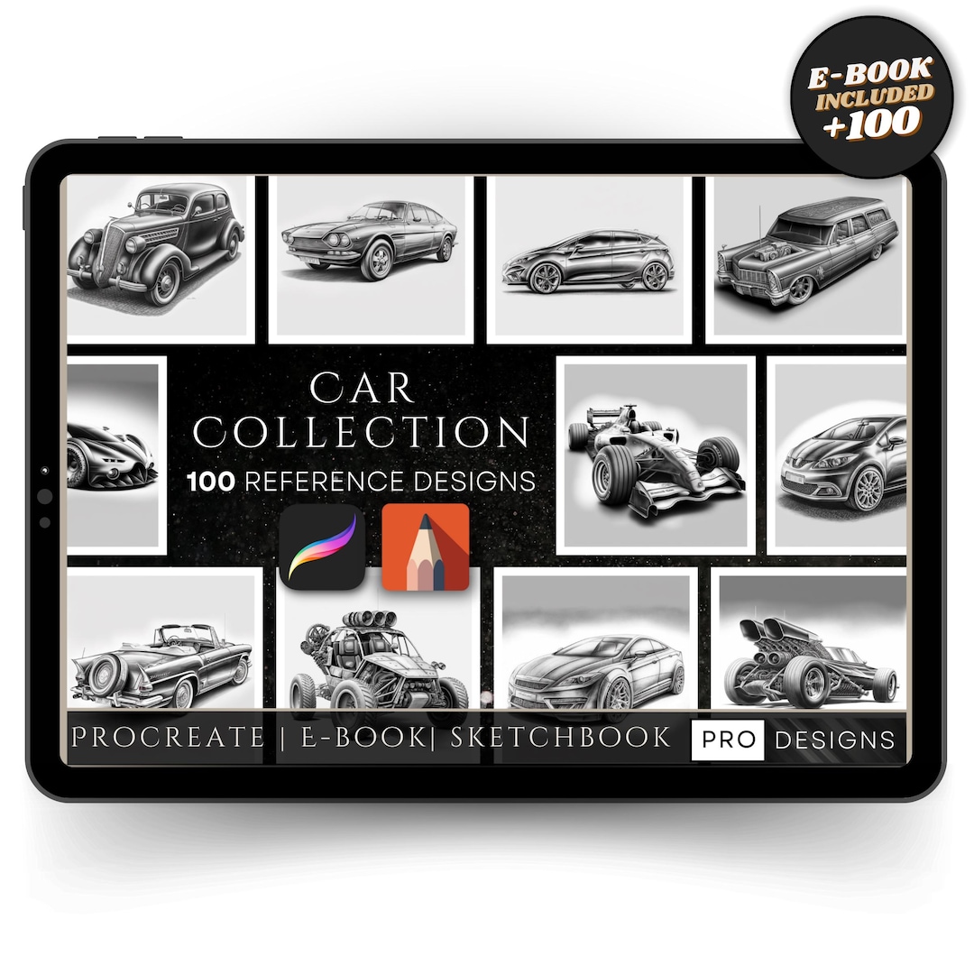 Car Tattoo Reference Pack: 100 Automotive Sketches (PNG, PDF, Procreate ...