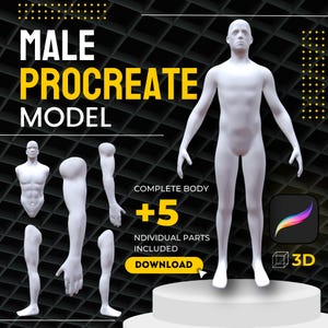 May include: A white 3D model of a male figure, with the text "MALE PROCREATE MODEL" in yellow letters. The model is shown in full body and also broken down into individual parts, including the torso, arms, and legs. The text "COMPLETE BODY +5 INDIVIDUAL PARTS INCLUDED" is also shown in yellow letters. The text "DOWNLOAD" is shown in a yellow button with a mouse cursor pointing to it. The text "3D" is shown in a white box with a 3D cube icon.