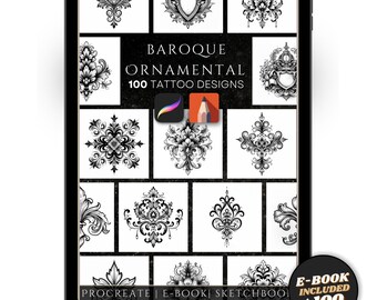 May include: A black tablet displays a collection of baroque ornamental tattoo designs. The screen shows 100 tattoo designs with intricate floral and symmetrical patterns. The text "BAROQUE ORNAMENTAL 100 TATTOO DESIGNS" is visible. An e-book is included.