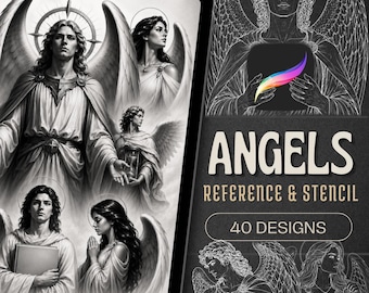 Angel Tattoo Stencil & Design Bundle | 40 Procreate Reference Designs + Stencils | Digital Download for Tattoo Artists