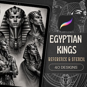 Könnte beinhalten: Ein digitales Display mit einer Sammlung von ägyptischen Pharaonen-Illustrationen mit gestreiften Kopfbedeckungen und verzierten Kragen. Der Text lautet EGYPTIAN KINGS REFERENCE & STENCIL 40 DESIGNS, ergänzt durch ein buntes Pinselsymbol auf dunklem Grund.