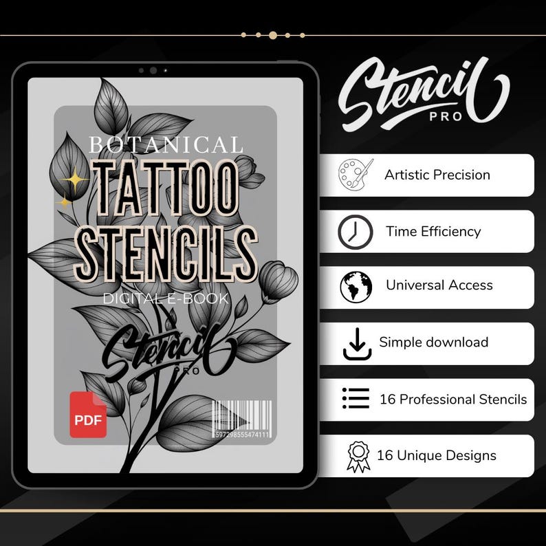 Blackwork Botanical Tattoo Stencils | Procreate Brushes & Stamps | Digital Tattoo Flash Stencil Pack for Artists image 4
