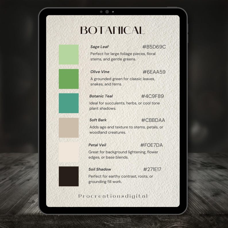 May include: A digital tablet displays a botanical color palette with the word "BOTANICAL" at the top. The palette includes shades of green, teal, beige, and brown, with corresponding hex codes and descriptions for each color.