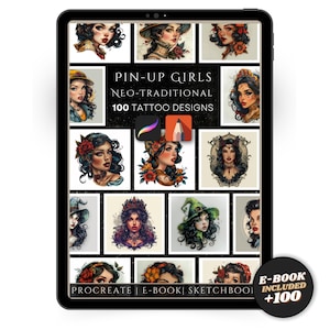 Pacchetto ragazze pin-up neo-tradizionali: 100 disegni di tatuaggi audaci e classici per Procreate e Sketchbook