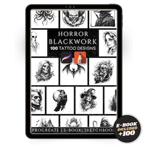 May include: A digital tablet shows a selection of blackwork tattoo designs. The screen displays a grid of illustrations, including skulls, bats, and a raven. Text on the screen reads "HORROR BLACKWORK 100 TATTOO DESIGNS". A round sticker says "E-BOOK INCLUDED +100".
