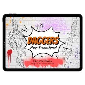 May include: A digital illustration of two daggers with feathers on a brick wall background. The text "DAGGERs Neo-Traditional by Pro Creations Digital Brush-Stamps" is in a speech bubble.