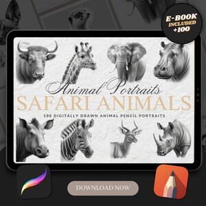 Safari Animal Procreate Brush Stamps: 100 Tattoo Designs (Digital Download)