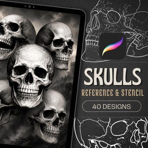 Puede incluir: Una pantalla digital que muestra una colección de ilustraciones realistas de cráneos humanos en escala de grises, con el texto SKULLS REFERENCE & STENCIL 40 DESIGNS y un icono de pincel colorido. Fondo con dibujos de líneas blancas.