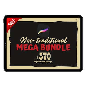 Könnte beinhalten: Der Bildschirm eines digitalen Tablets zeigt einen Sale für ein "Neo-traditionelles MEGA BUNDLE" mit über 370 digitalen Pinsel-Stempeln. Der Bildschirm ist von einem braunen, abgenutzten Rahmen umgeben.