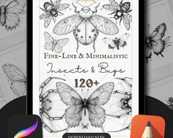 May include: A digital illustration of a collection of 120+ fine-line and minimalistic insects and bugs. The image features a variety of insects, including butterflies, beetles, bees, and spiders. The image is in black and white and has a vintage aesthetic. The text "Fine-Line & Minimalistic Insects & Bugs 120+ Download Now" is displayed on the image.