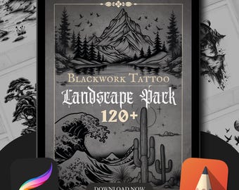 Blackwork Landscape Tattoo Flash Stamps: Procreate Brushes (Digital Download)
