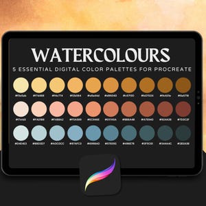 Può includere: Lo schermo di un tablet digitale che mostra cinque righe di palette di colori ad acquerello per l'app Procreate. Ogni riga contiene dieci campioni di colore con i relativi codici esadecimali.