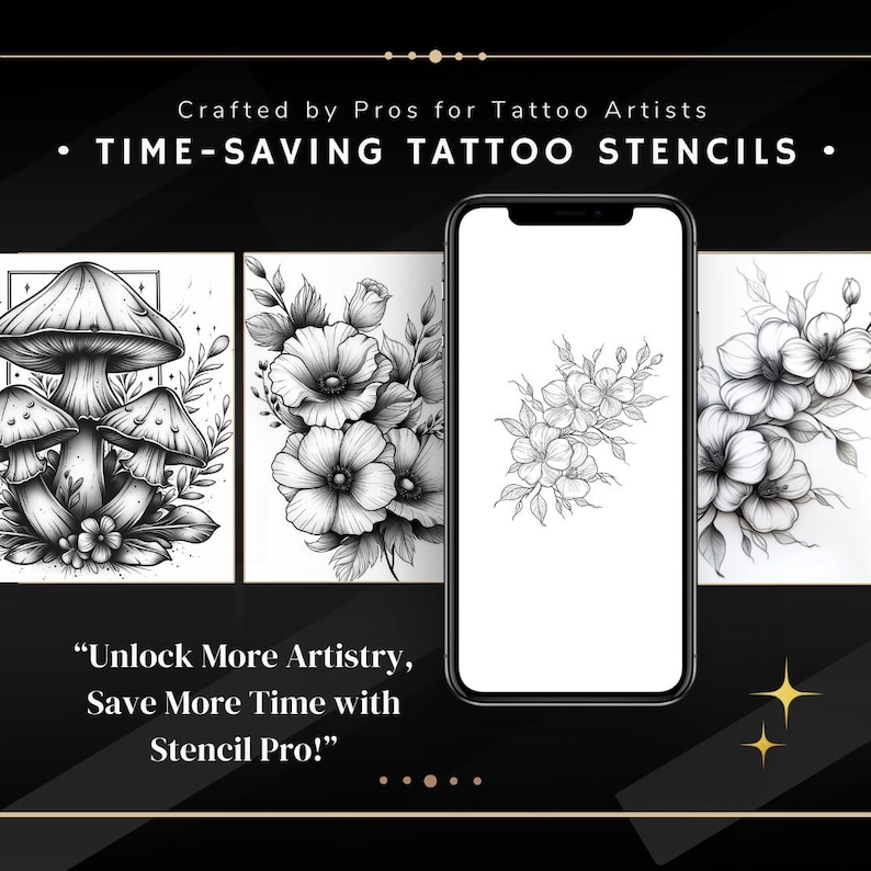 Blackwork Botanical Tattoo Stencils | Procreate Brushes & Stamps | Digital Tattoo Flash Stencil Pack for Artists image 3