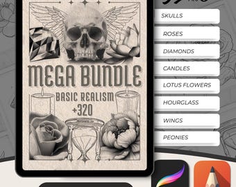 May include: A digital tablet screen displaying a collection of tattoo stencils. The stencils include images of skulls, roses, diamonds, candles, lotus flowers, hourglasses, wings, and peonies. The text "MEGA BUNDLE BASIC REALISM +320" is displayed on the screen.
