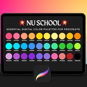 May include: A digital tablet displays a color palette guide for Procreate. The "NU SCHOOL" title is above a grid of color swatches with hexadecimal color codes. The Procreate app icon is at the bottom. The color palette includes shades of pink, orange, yellow, blue, green, purple, and black.