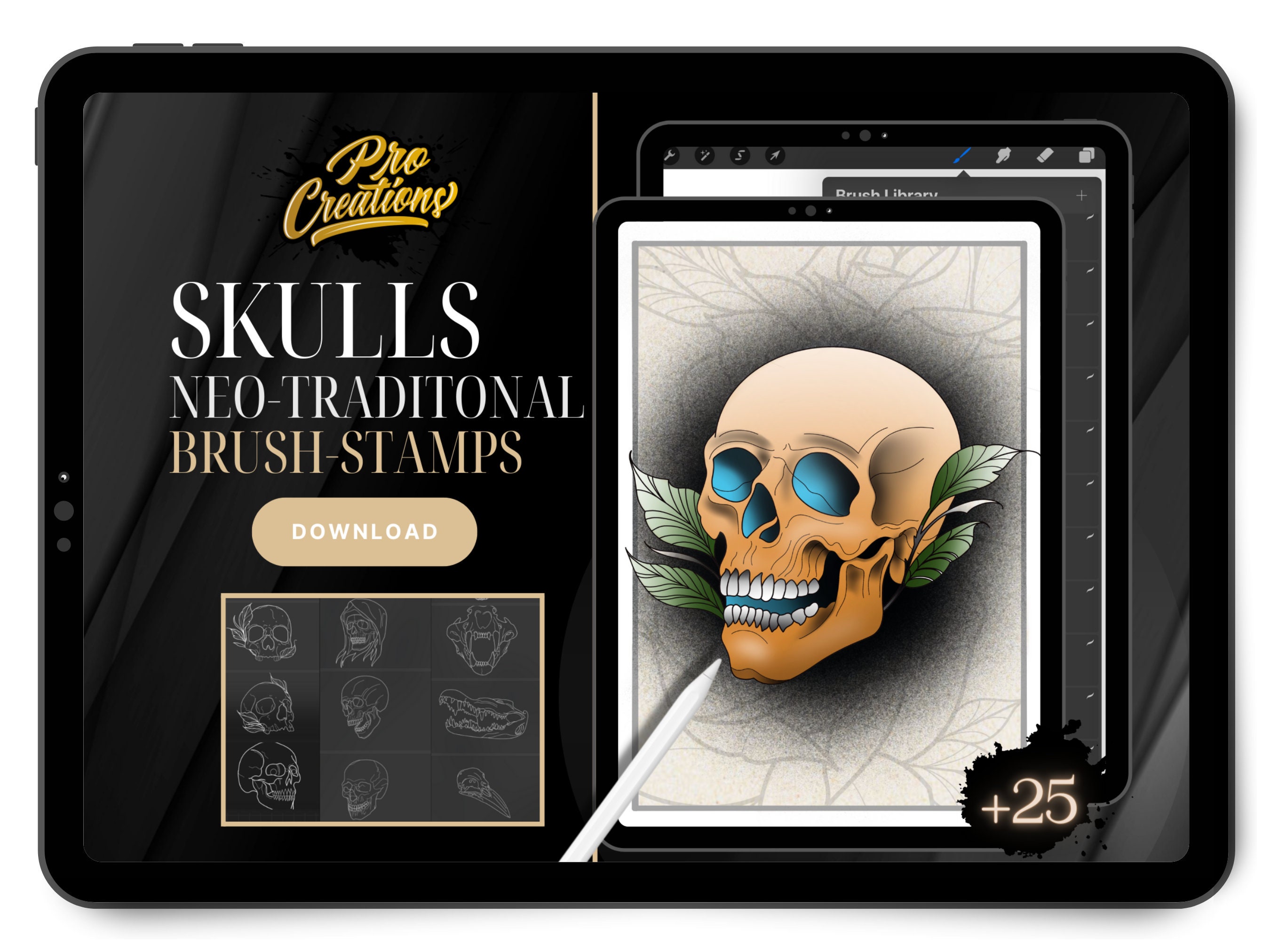 Neo Traditional Skulls Procreate Brush Set: Tattoo Stamps (digital ...