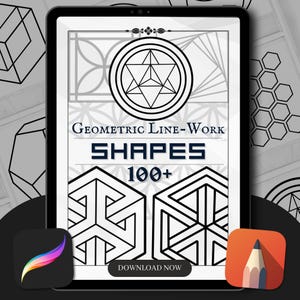 Op de afbeelding: Een digitale illustratie van een tabletscherm waarop een verzameling geometrische vormen wordt weergegeven. De tekst op het scherm luidt "Geometric Line-Work Shapes 100+" en "Download Now".