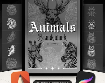 Blackwork Animal Tattoo Stencils | Procreate Brushes & Stamps | Digital Tattoo Flash Stencil Pack for Artists