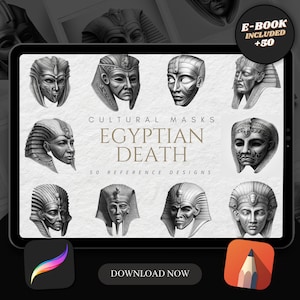 50 Egyptian Death Mask Procreate Brush Stamps | Tattoo Designs | Digital Art | Procreate Brushes | Tattoo Flash Sheets | Historical Art