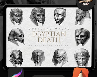 50 Egyptian Death Mask Procreate Brush Stamps | Tattoo Designs | Digital Art | Procreate Brushes | Tattoo Flash Sheets | Historical Art