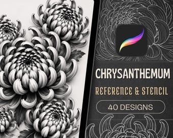 Chrysanthemum Tattoo Stencil & Design Bundle | 40 Procreate Reference Designs + Stencils | Digital Download for Tattoo Artists