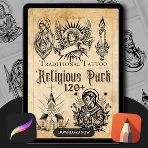 Traditional Religious & Spiritual Tattoo Designs | Procreate Brushes | Tattoo Flash Stamp Pack | Classic Religious Tattoo Art Tattoo Stencil