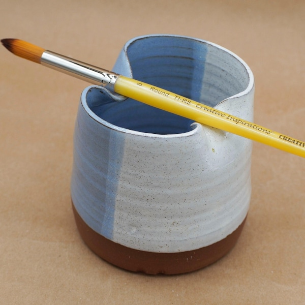 Handmade Paintbrush Rinse Cup with Folded Rim, Paintbrush Rest, Textured Base | Red Stoneware | Light Blue and White Dual Tone Glaze