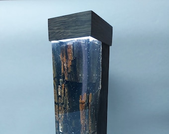 A lamp made of black oak and resin, illuminated by two LED modules