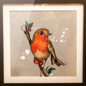 robin print, painting,christmas xmas, bird, birds, robins, gift, home decor, present, for her, for them, robin, red, silver, grey, wildlife