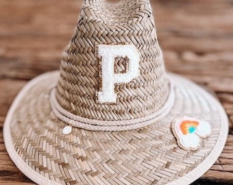 Kids-Youth-Baby Straw Hat Lifeguard Hat Varsity letter patch straw hat Straw Hat For Kids Custom straw hat Initial straw hat Straw beach hat