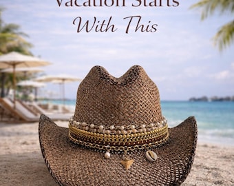 Luxe gestructureerde strocowboyhoed Premium westernhoed Dames Beach Resort Cowgirl Hoed Gouden Ketting Kustschelp Parel Vakantie Zomerhoed