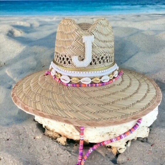 Custom Sun Hat Adult Sun Hat Protective Beach Hat Personalized Sun Hat with Shells Embellished Sun Hat Straw Lifeguard Hat Hat with Jewelry