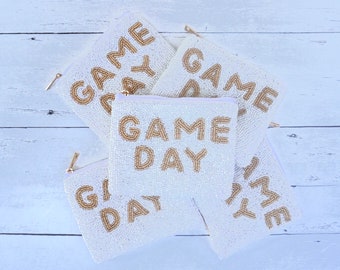 Game Day pouch beaded white coin purse Gameday coin pouch wristlet for game day zipper pouch wallet for game day coin purse white and gold