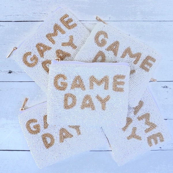Game Day pouch beaded white coin purse Gameday coin pouch wristlet for game day zipper pouch wallet for game day coin purse white and gold