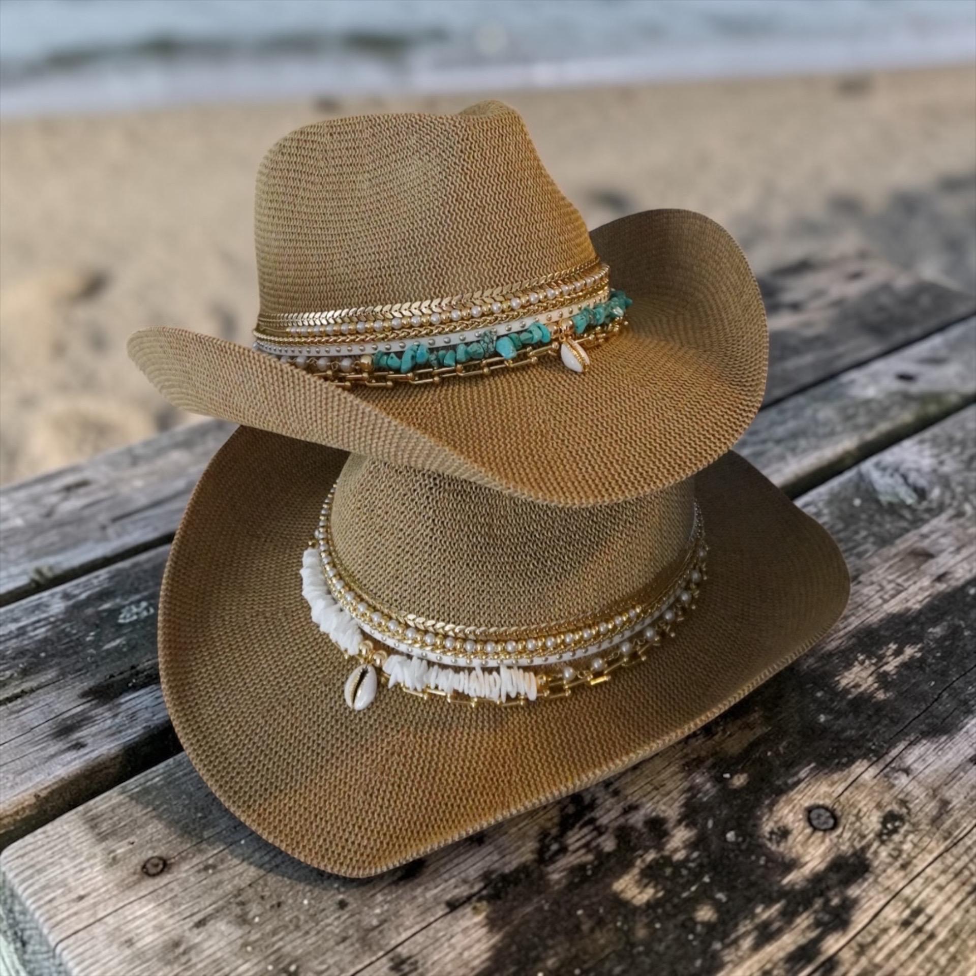 Turquoise Statement Hat Wide Brim Boho Luxury Hat Gold Chain 