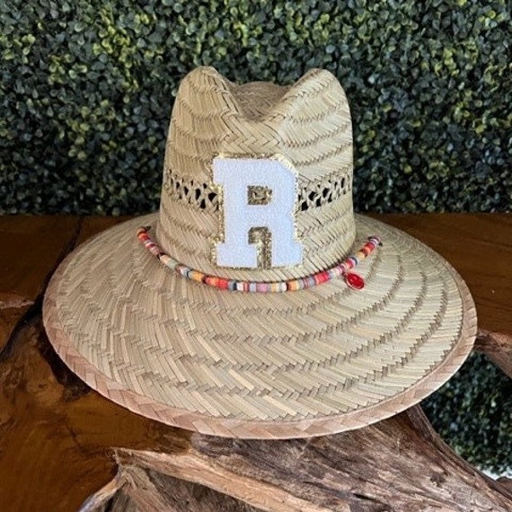 Initial Sun Hat adult Sun Hat Summer Beach Hat Monogram Straw Hat Chenille Patch Sun Hat Embellished Sun Hat Custom Sun Hat Varsity Letter